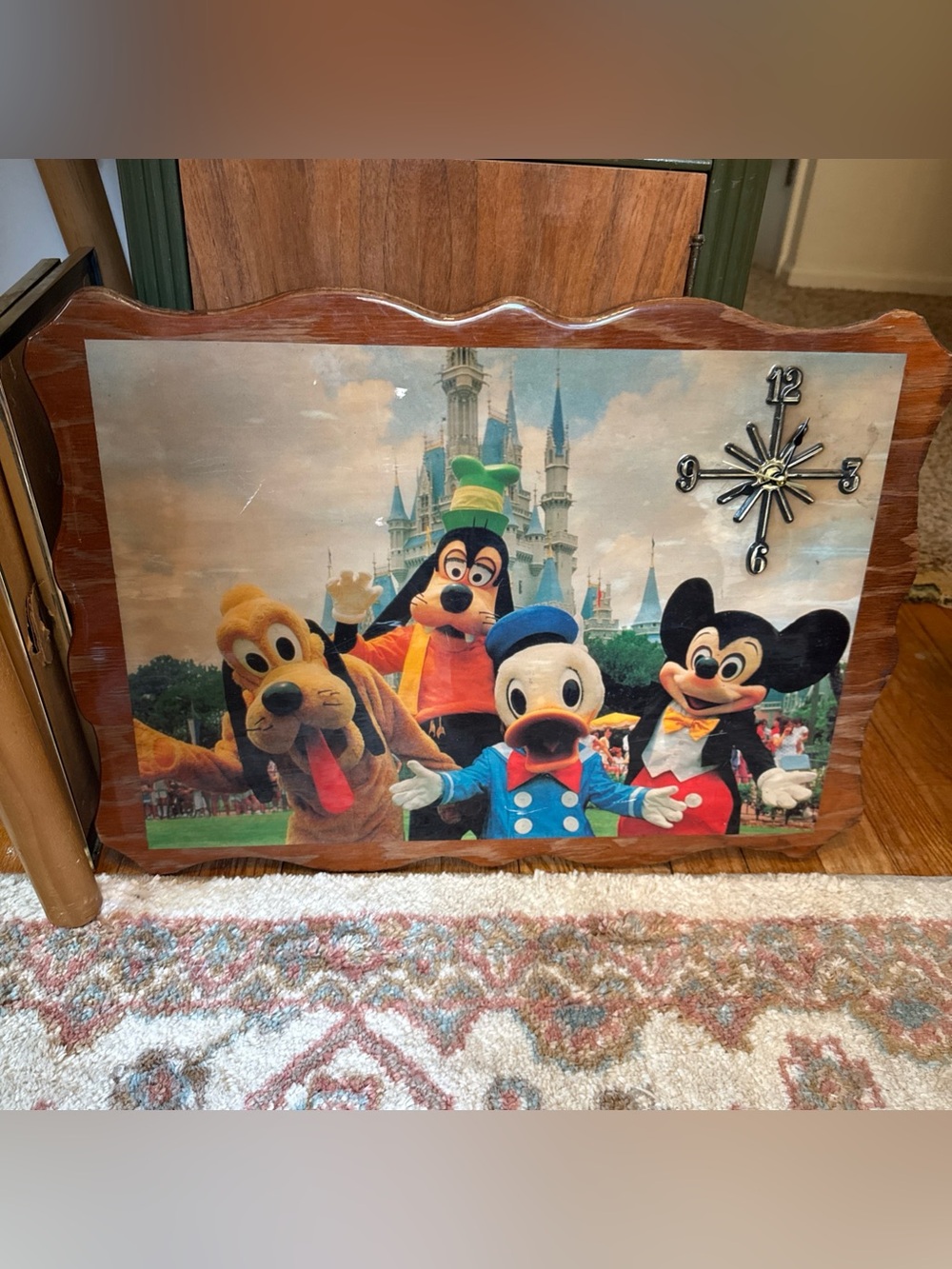 DISNEY framed picture Mickey Mouse 1970s 20x16 turned a wood clock vintage duck